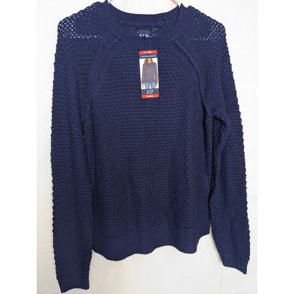 NWT Gap Textured Knit Preppy Cottage Crew Neck Navy Blue Sweater Women's XS